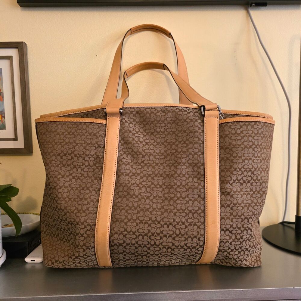 Vintage Coach Tote Signature Monogram Canvas Vachetta Leather Y2K Bag F77014